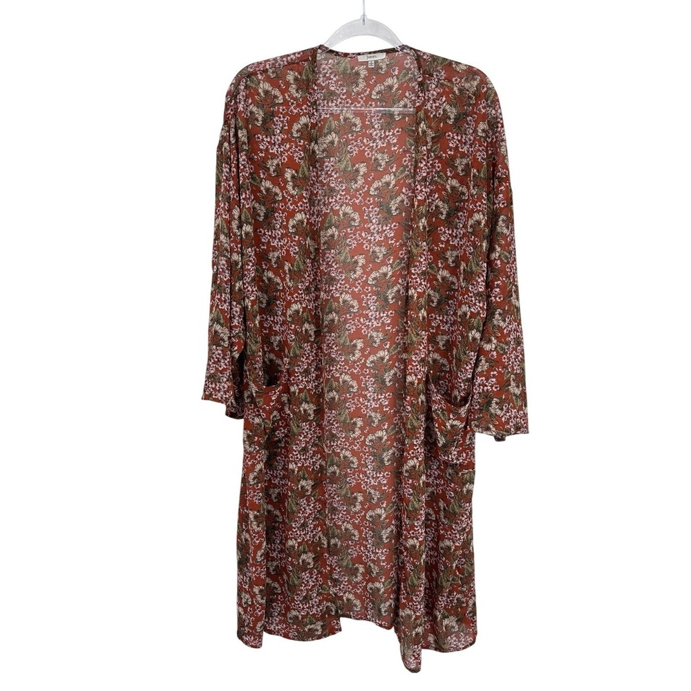 Jodifl Sheer Kimono‎ Womens Small Orange Fall Floral Polyester Pockets NWOT